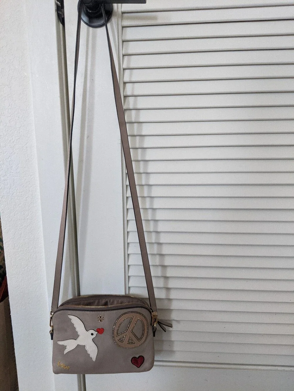 Tory Burch Taupe Crossbody with Dove, Peace & Heart Patches